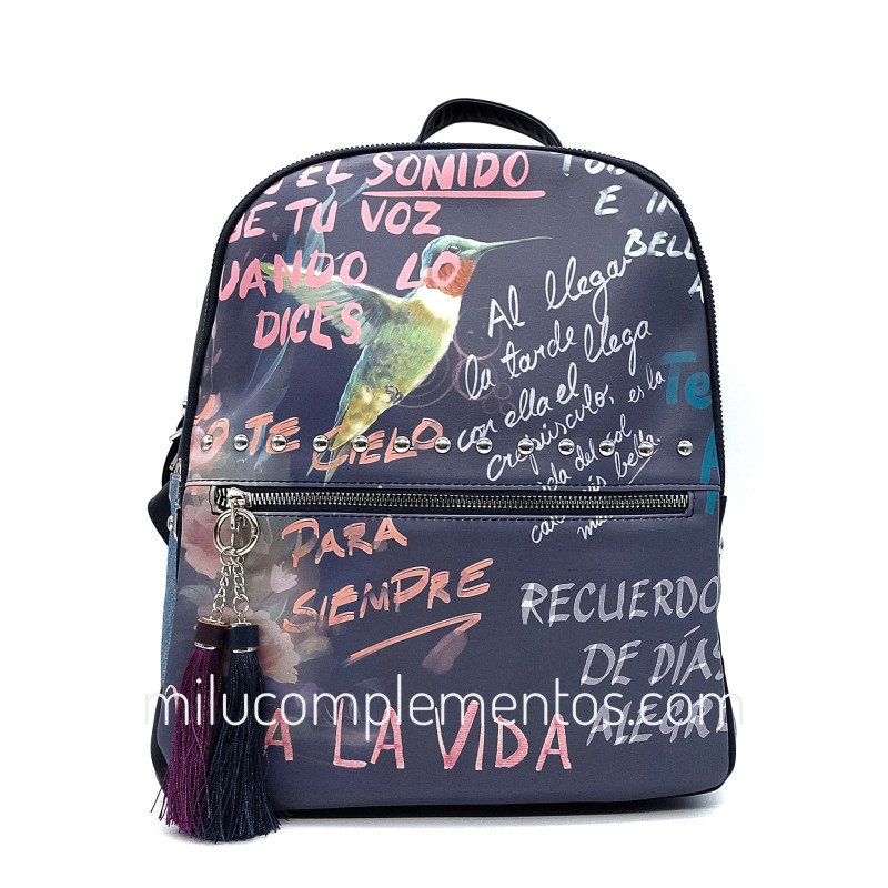Mochila Frida Kahlo color azul de mujer de la colección Colibrí otoño invierno