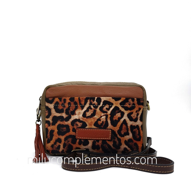 Bolso bandolera Caramelo marrón de piel de mujer, de la colección Piel Animal print nueva temporada