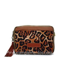 Bolso bandolera Caramelo marrón de piel de mujer, de la colección Piel Animal print