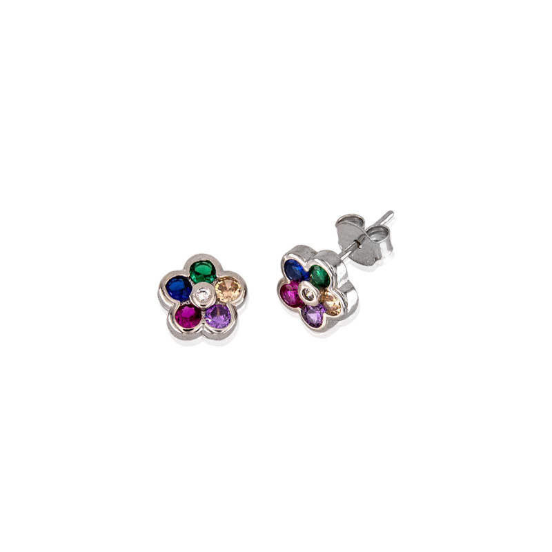 Pendientes flor con circonitas multicolor de plata de ley 925 de mujer