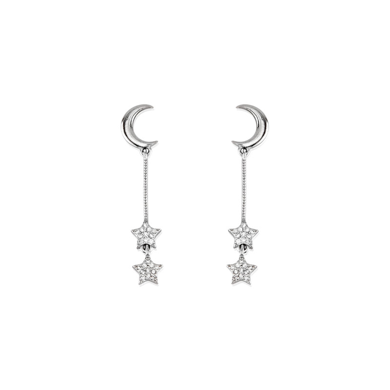 Pendientes largos estrellas y luna de plata de ley 925 de mujer
