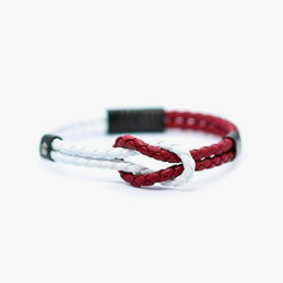 Pulsera Athletic Club roja y blanca de cuero trenzado con nudo marinero de señor