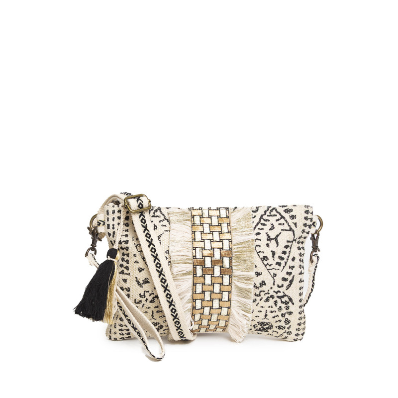 Bolso Clutch Block Print Tantrend – Natural-Negro con flecos