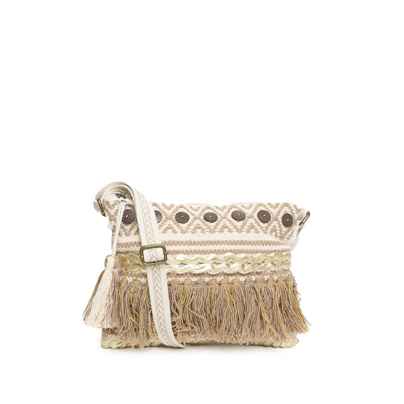 Bolso Clutch Geométrico Tantrend – Natural con Botones de Coco y Flecos
