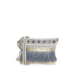 Bolso Clutch Geométrico Tantrend – Azul con Botones de Coco y Flecos