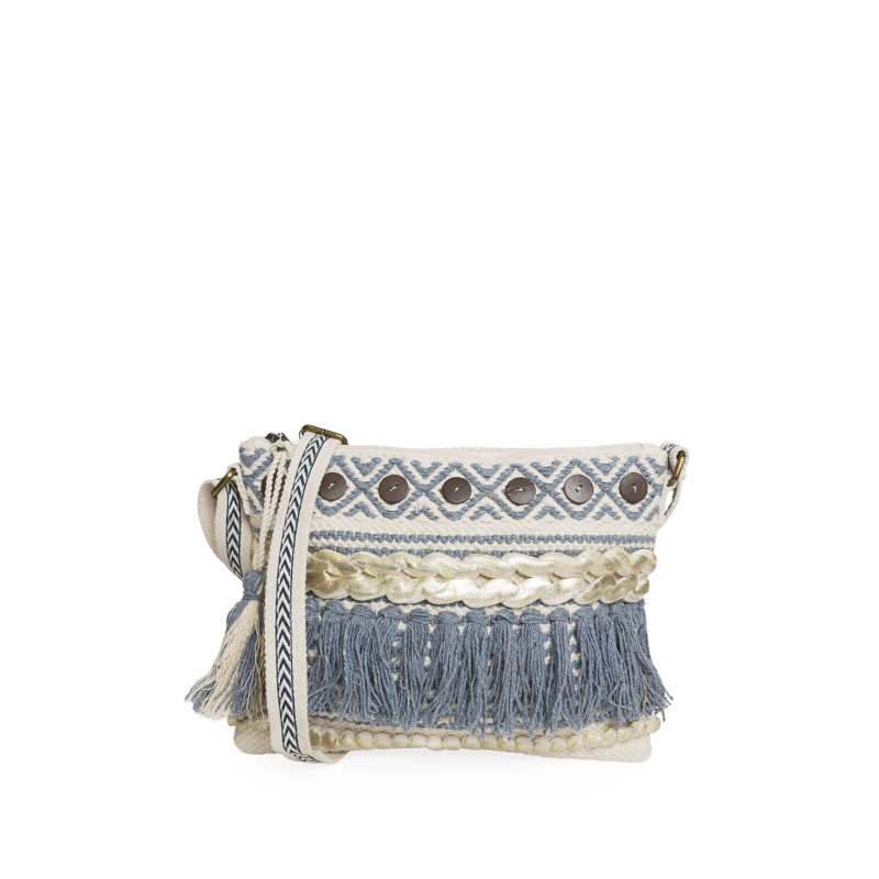 Bolso Clutch Geométrico Tantrend – Azul con Botones de Coco y Flecos