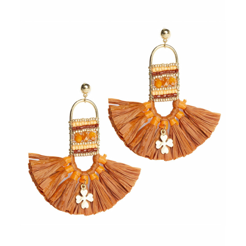 Pendientes Largos Tantrend Naranja Flecos Rafia forma de trebol