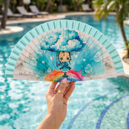 Abanico Malamalaka Agua Celeste con madera de cerezo