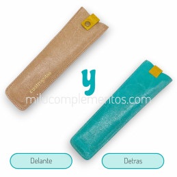 Funda de Piel Bicolor para Abanico Beige/Turquesa flexible y reversible