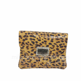 Monedero Piel Caramelo Gobar Ocre Solapa animal print