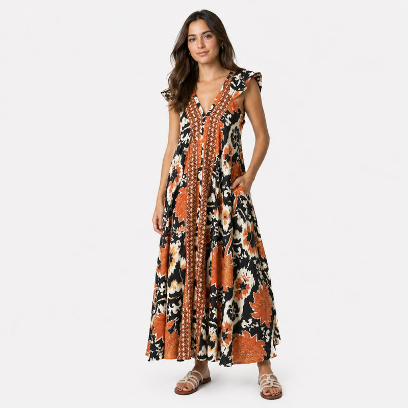 Vestido Largo Tantrend Estampado Palm Beach/Dorado de señora