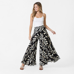Falda Pantalón Tantrend  Ramas sobre Negro/Dorado pata ancha