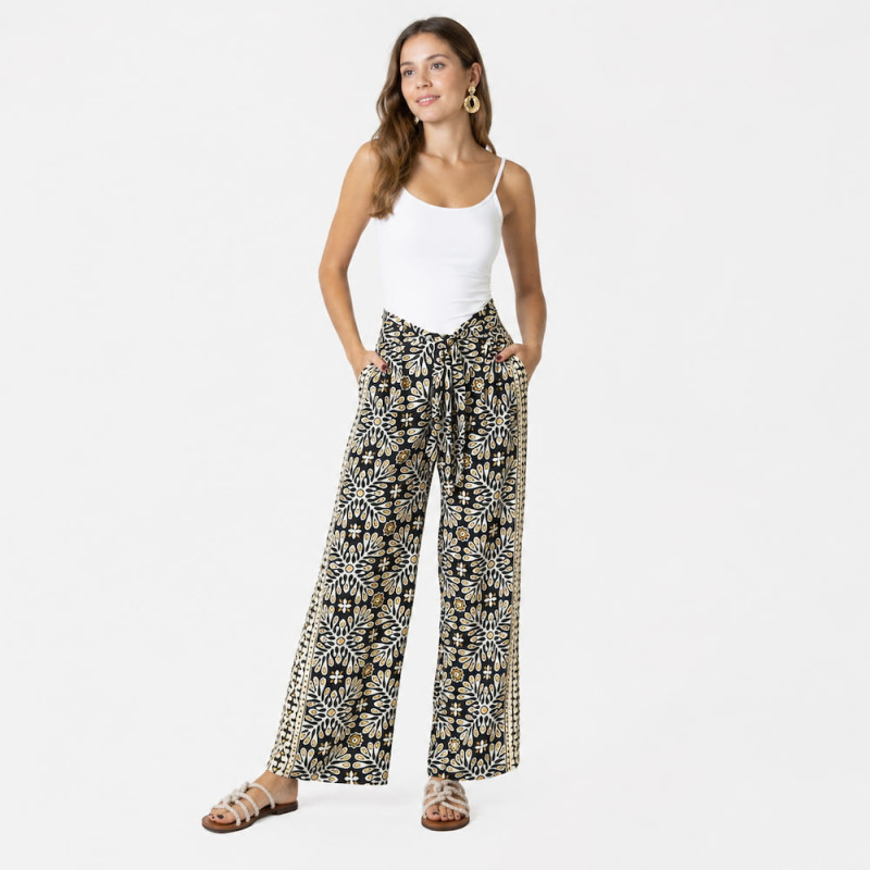 Pantalón Polysilk Tantrend Black Arabesque/Dorado con bolsillos