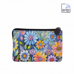 Monedero tarjetero de piel fuelle Flores azul Belmonte