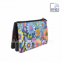 Monedero de piel fuelle Flores azul Belmonte RFID