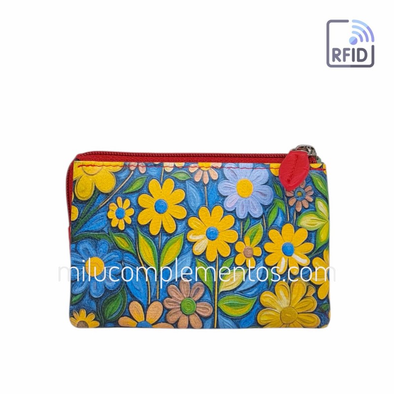 Monedero de piel fuelle Flores naranja Belmonte primavera verano