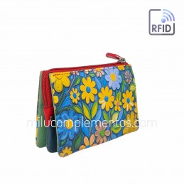 Monedero de piel fuelle Flores naranja Belmonte de chica