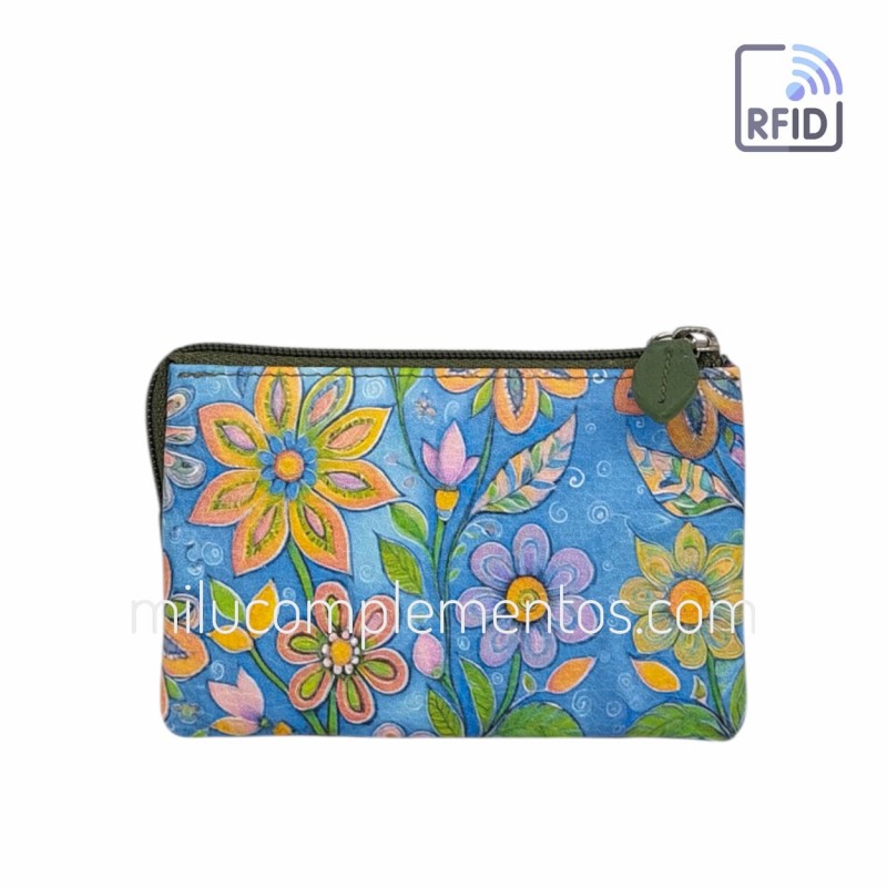 Monedero de piel fuelle Flores celeste Belmonte de mujer