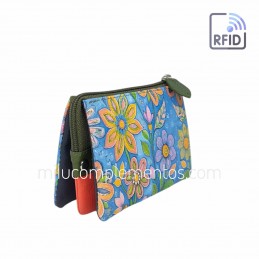 Monedero de piel fuelle Flores celeste Belmonte multicolor