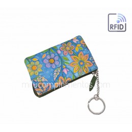 Monedero de piel fuelle Flores celeste Belmonte de 3 huecos