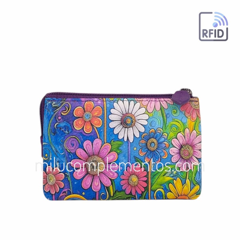 Monedero de piel fuelle Flores fucsia Belmonte de señora