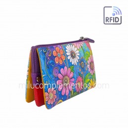 Monedero de piel fuelle Flores fucsia Belmonte tres huecos