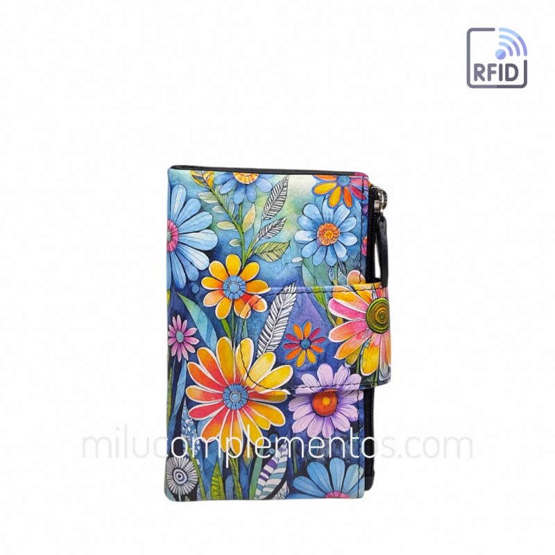 Cartera Belmonte Flores azul Piel pequeña multicolor