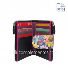 Cartera Belmonte Flores azul Piel pequeña billetes, tarjetas y monedas