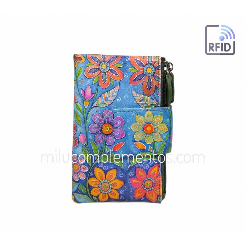 Cartera Belmonte Flores celeste Piel mediana en tienda online