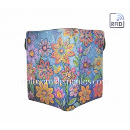 Cartera Belmonte Flores celeste Piel mediana de mujer
