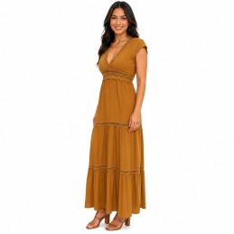 Vestido ocre con escote en v bajo y manga corta de mujer primavera