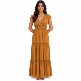 Vestido ocre con escote en v bajo y manga corta de mujer verano