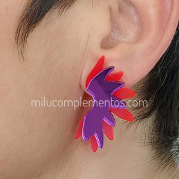 Pendientes metacrilato MEDIA ESTRELLA CON FORMA DE ALA FUCSIA NEÓN Y MORADO