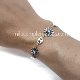 Pulsera Eguzkilore y calabrote envejecida de plata de ley 925 tamaño real