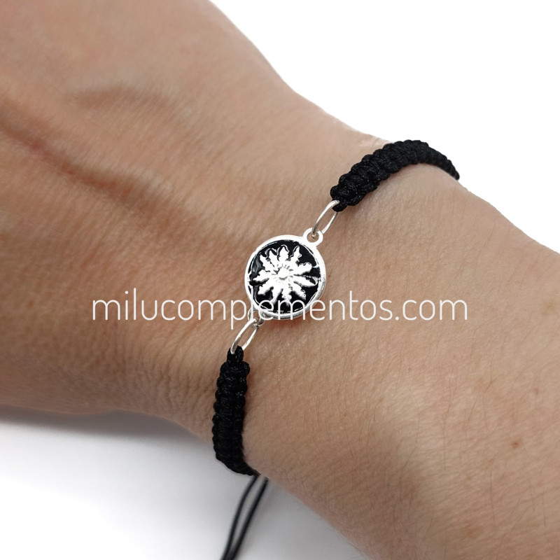 Pulsera Eguzkilore esmaltado color negro de plata de ley 925 de hilo tamaño real