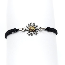 Pulsera Eguzkilore envejecida de plata con centro dorado de ley 925 de hilo color negro