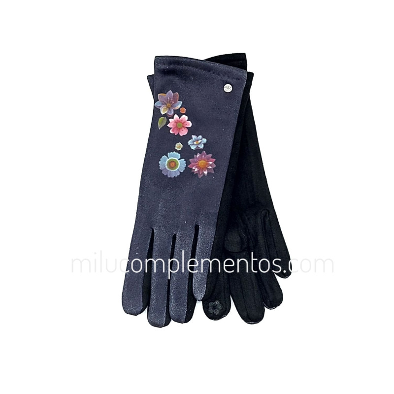 Guantes táctiles negros de Frida Kahlo flores