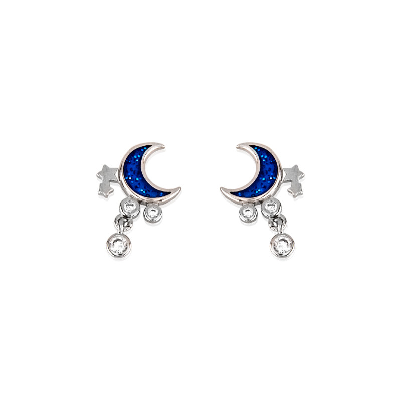 Pendientes de plata rodiados luna azul esmaltada