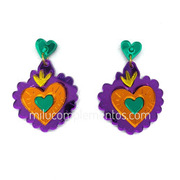 Par de pendientes metacrilato CORAZÓN MILAGRITO MORADO efecto espejo