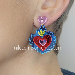 Pendientes metacrilato CORAZÓN MILAGRITO AZUL CELESTE efecto espejo