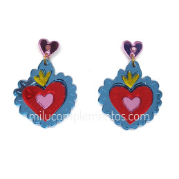 Pendientes metacrilato CORAZÓN MILAGRITO AZUL CELESTE espejo