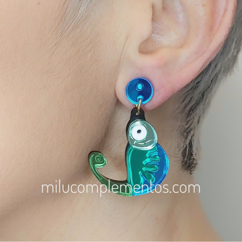 Pendientes metacrilato CAMALEÓN AZUL Y VERDE efecto espejo