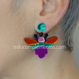 Pendientes metacrilato BICHO MULTICOLOR efecto espejo de mujer