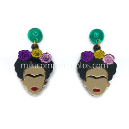 Pendientes metacrilato FRIDA KAHLO MULTICOLOR efecto espejo de mujer