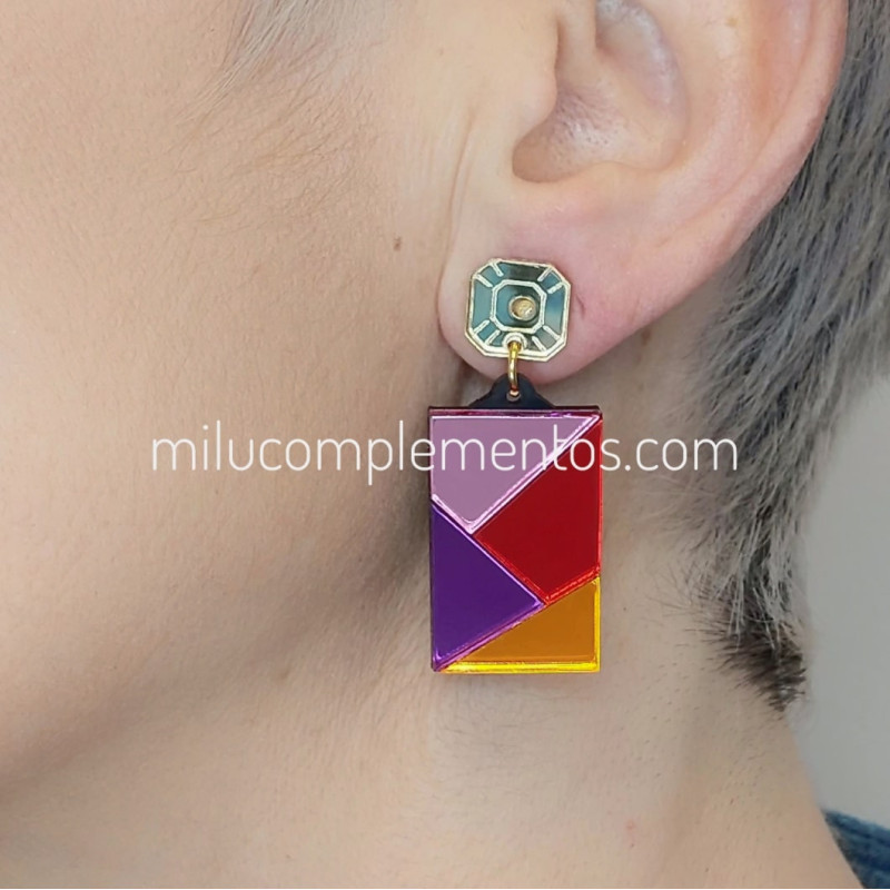Pendientes metacrilato GEO DORADO MULTICOLOR efecto espejo