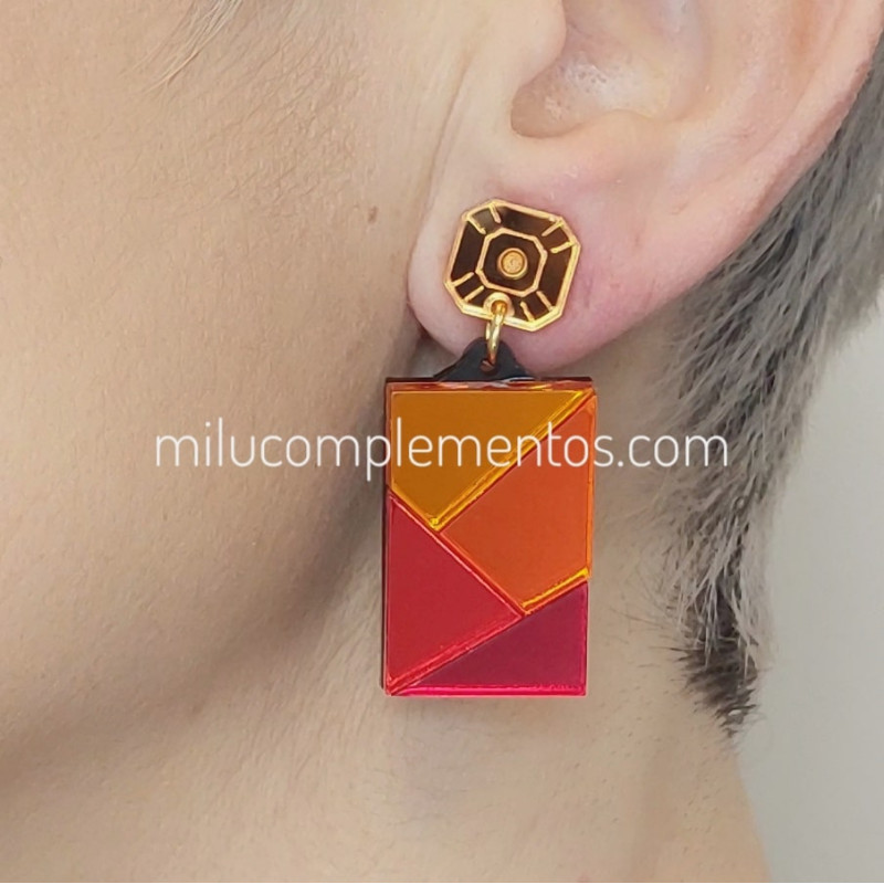 Pendientes metacrilato GEO NARANJA MULTICOLOR efecto espejo