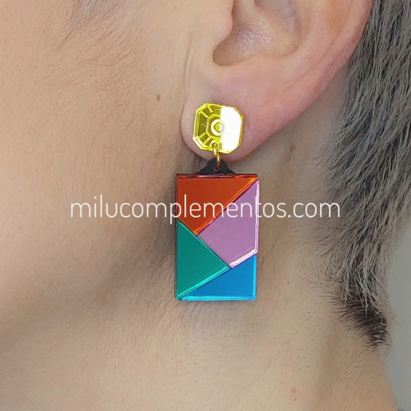 Pendientes metacrilato GEO AMARILLO MULTICOLOR efecto espejo
