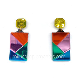 Par de pendientes metacrilato GEO AMARILLO MULTICOLOR efecto espejo