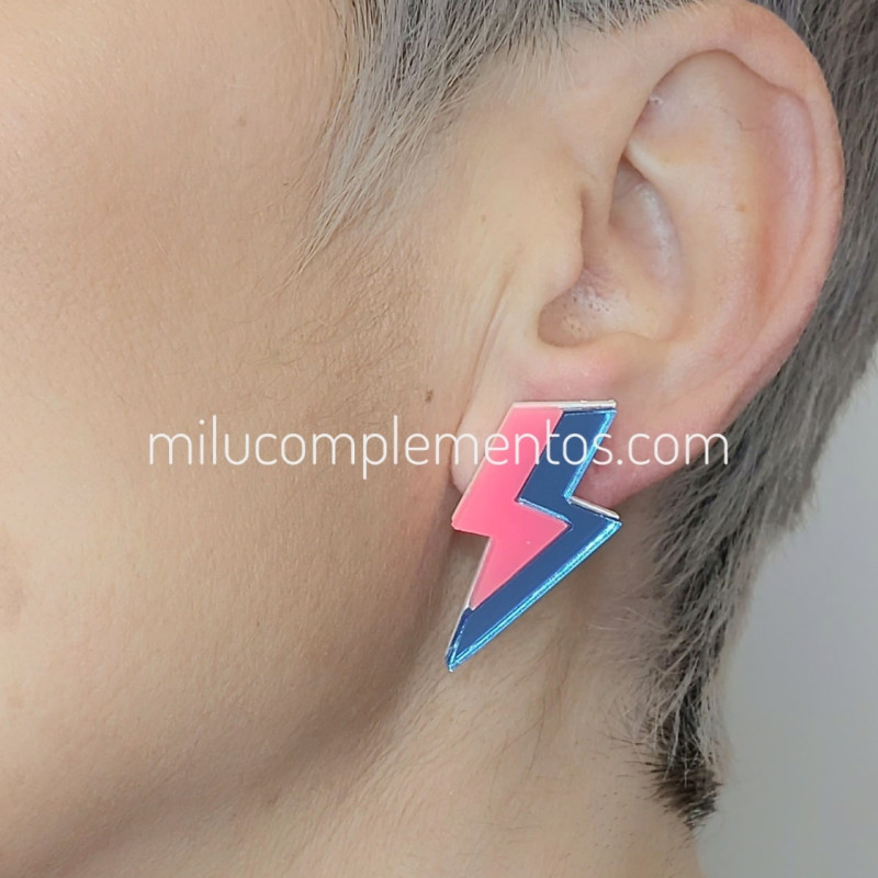 Pendientes metacrilato RAYO DOBLE ROSA FLÚOR efecto espejo