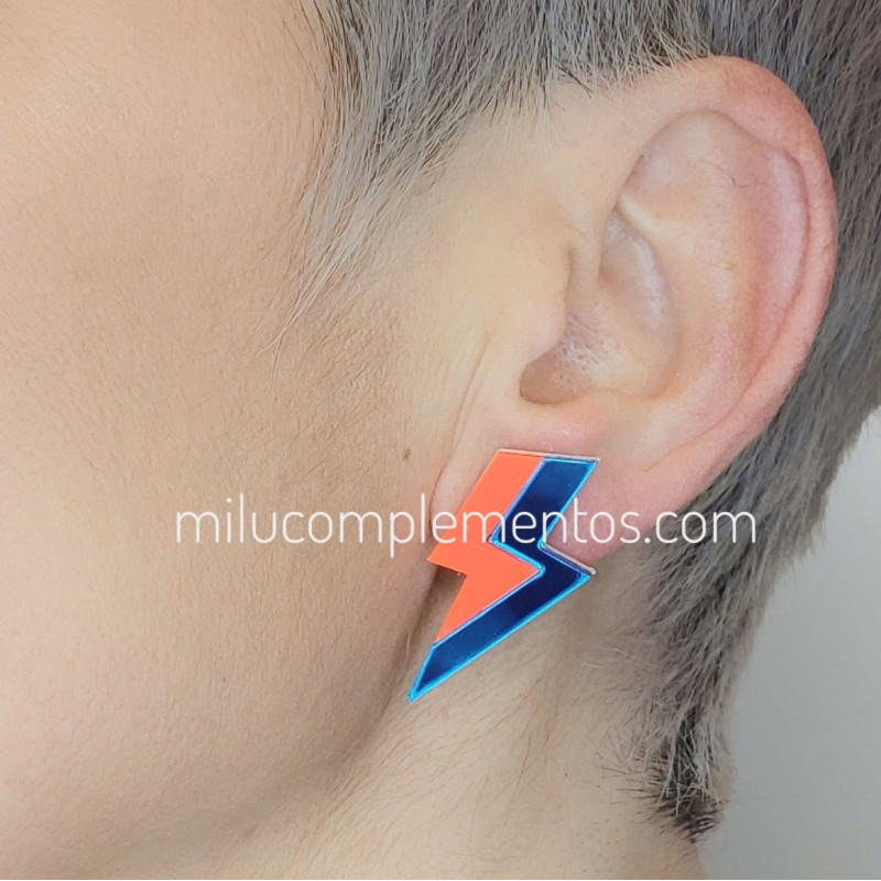 Pendientes metacrilato RAYO DOBLE NARANJA FLÚOR efecto espejo